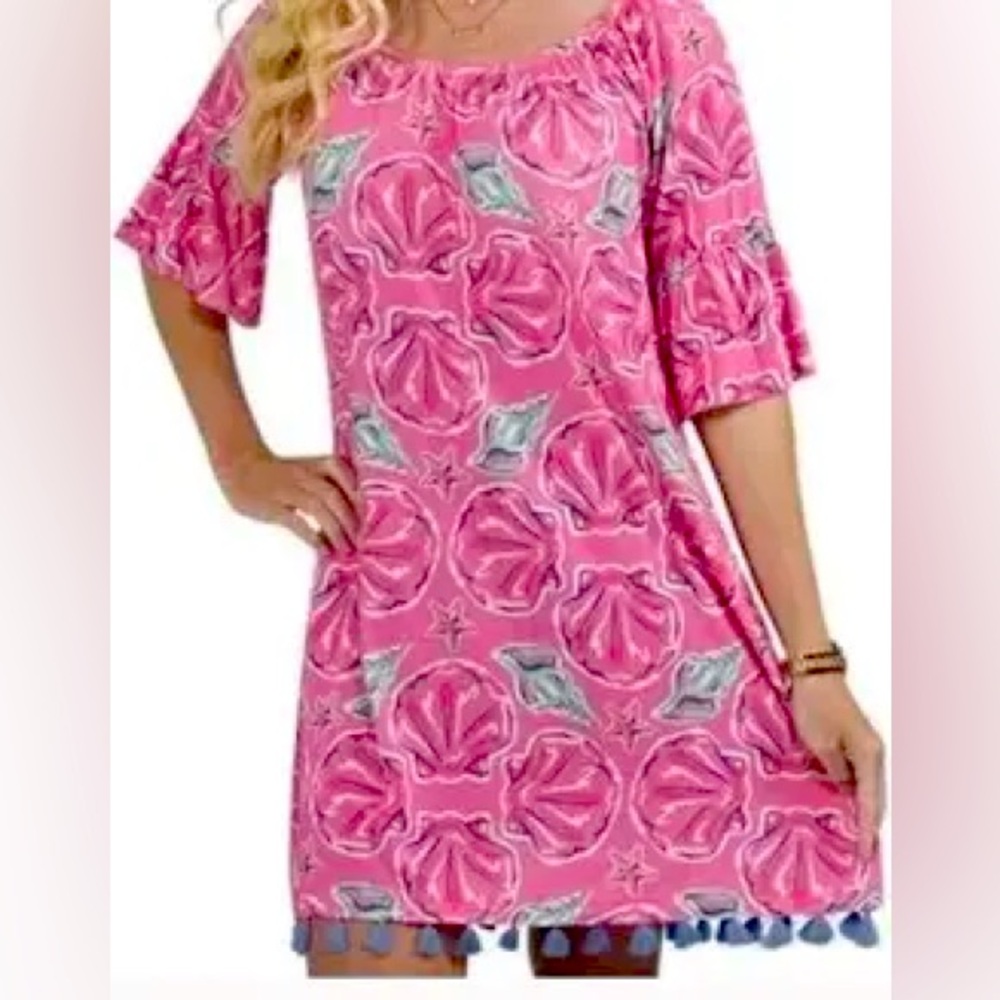 Simply Southern Wilmington Seashell Dress Size M Tasseled Hem On/Off Shoulder
